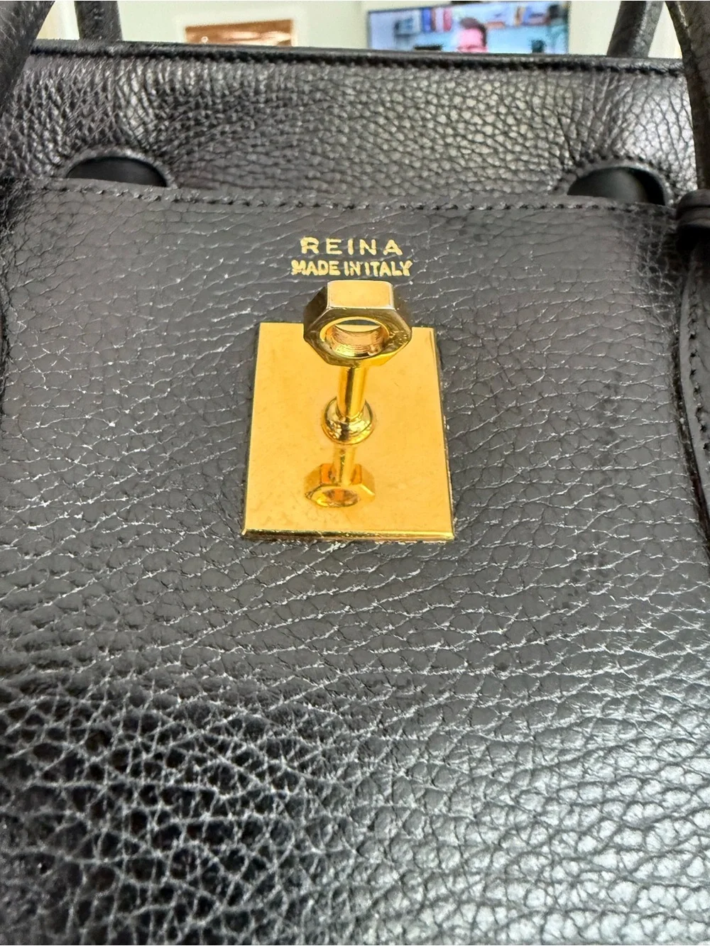 Reina Italian leather vintage Kelly style Tote Bag with Gold Hardware - Picture 13 of 14